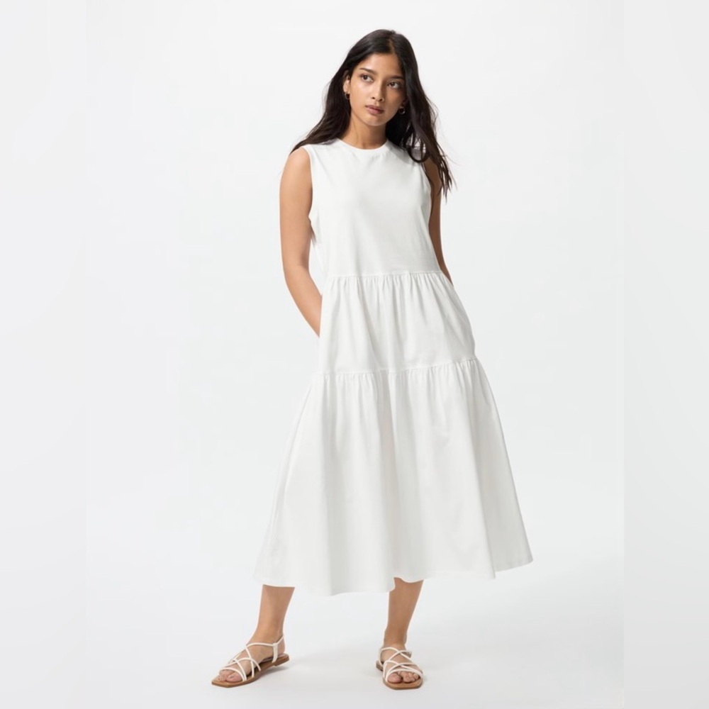 NWT Uniqlo Dress Size L White Sleeveless Midi cotton 100% Women’s Pockets